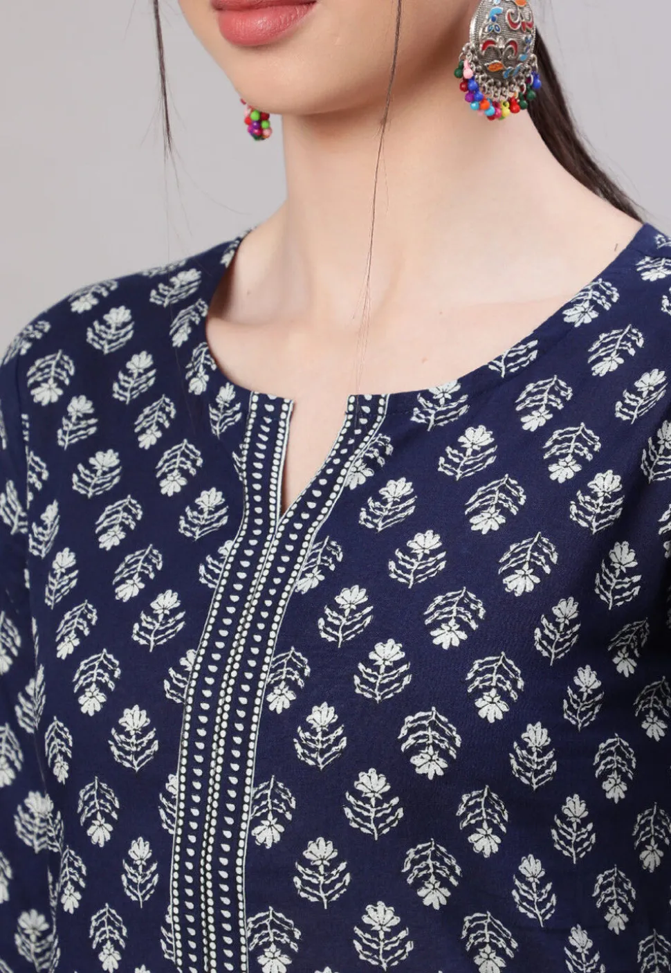 Printed Cotton Straight Kurti in Navy Blue