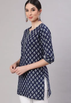 Printed Cotton Straight Kurti in Navy Blue