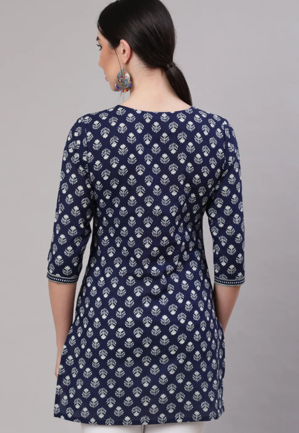 Printed Cotton Straight Kurti in Navy Blue