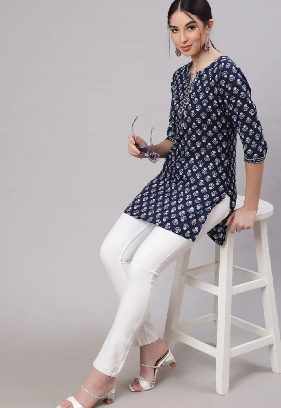 Printed Cotton Straight Kurti in Navy Blue