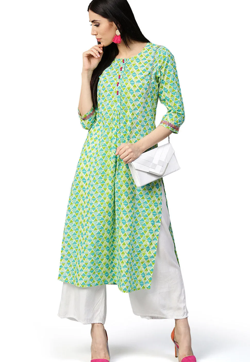 Printed Cotton Straight Kurta in Light Green