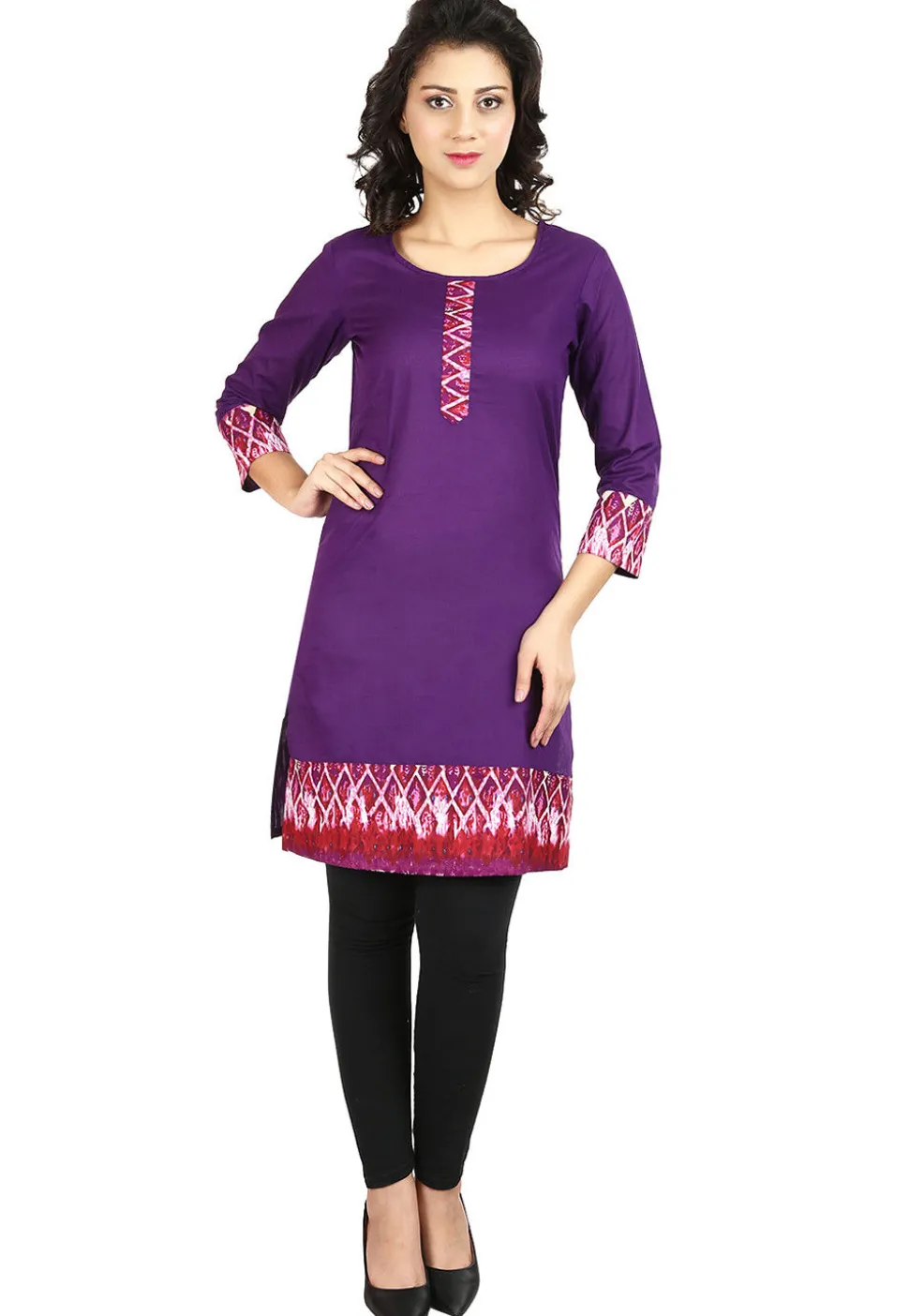 Printed Cotton Straight Kurti in Purple