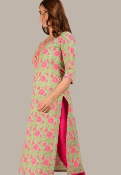 Printed Cotton Straight Kurta in Light Green