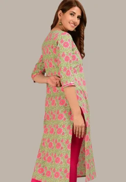 Printed Cotton Straight Kurta in Light Green