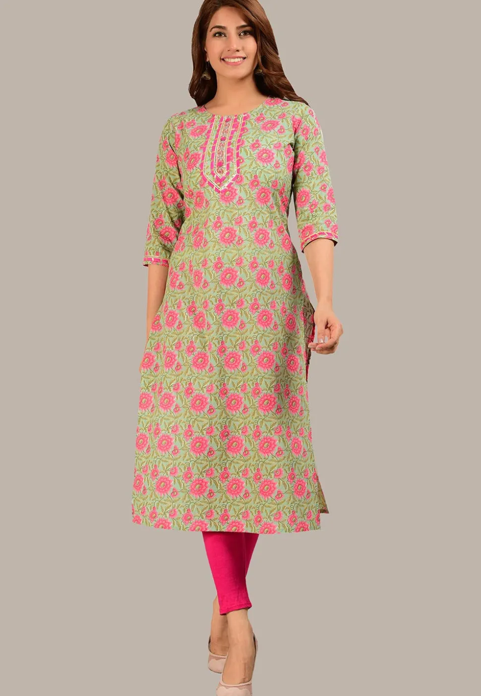 Printed Cotton Straight Kurta in Light Green