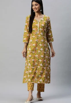 Printed Cotton Straight Kurta Set in Mustard