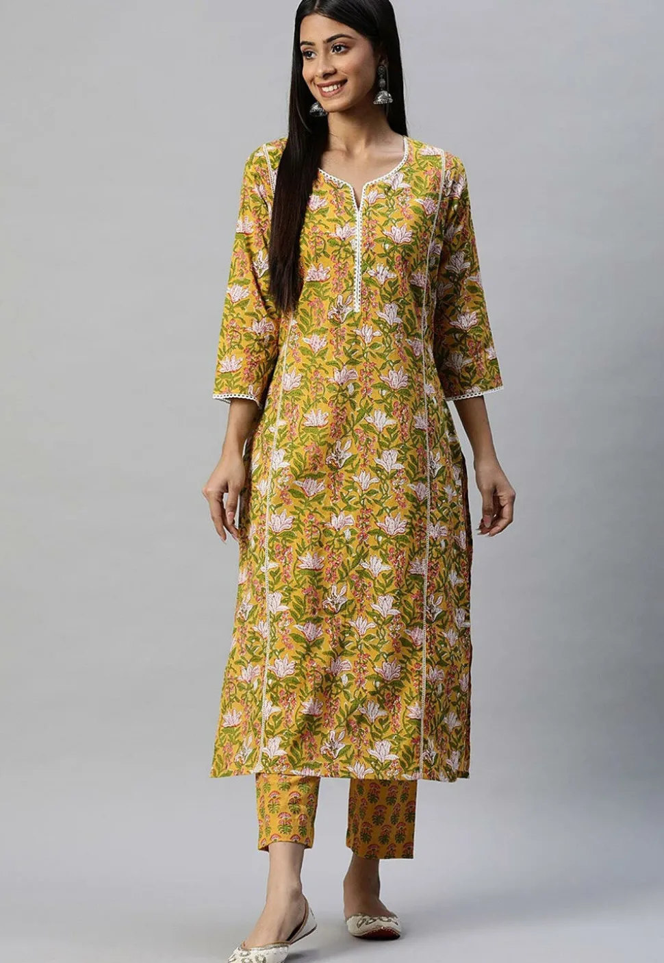 Printed Cotton Straight Kurta Set in Mustard