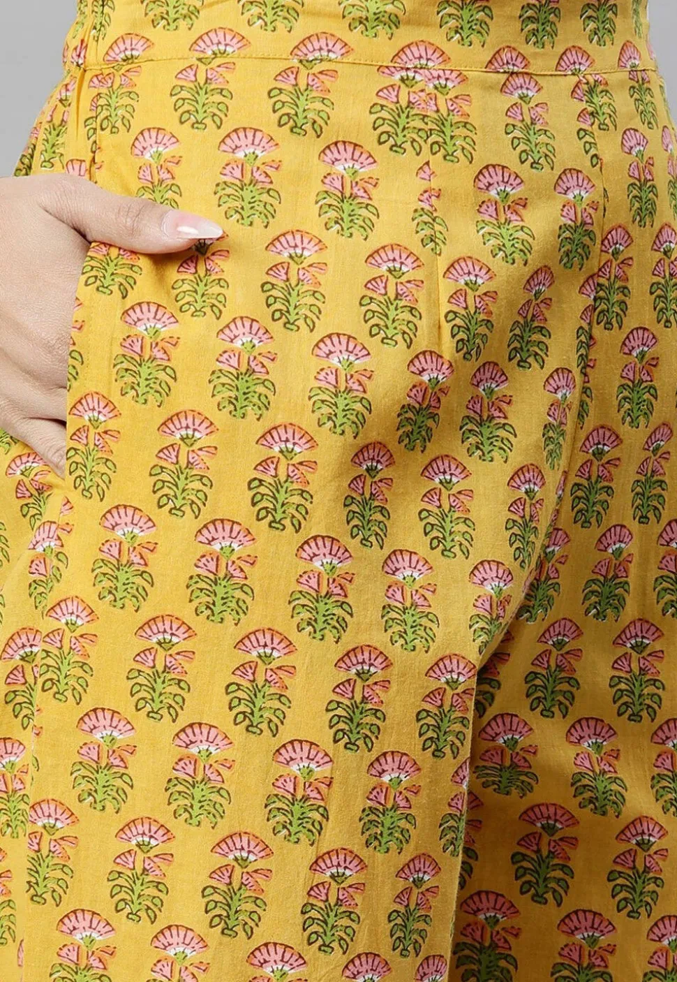 Printed Cotton Straight Kurta Set in Mustard