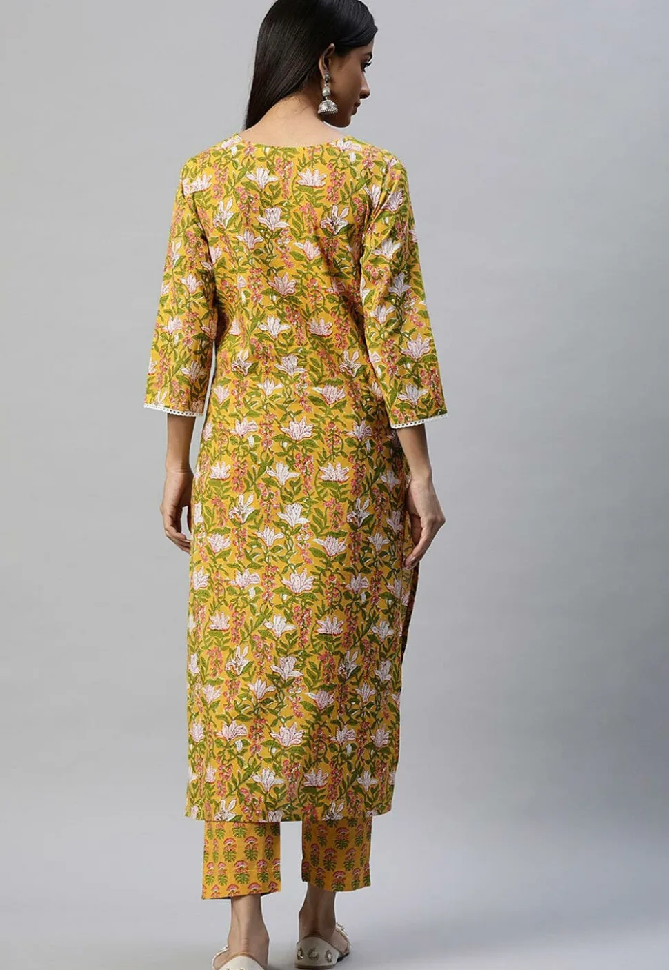 Printed Cotton Straight Kurta Set in Mustard