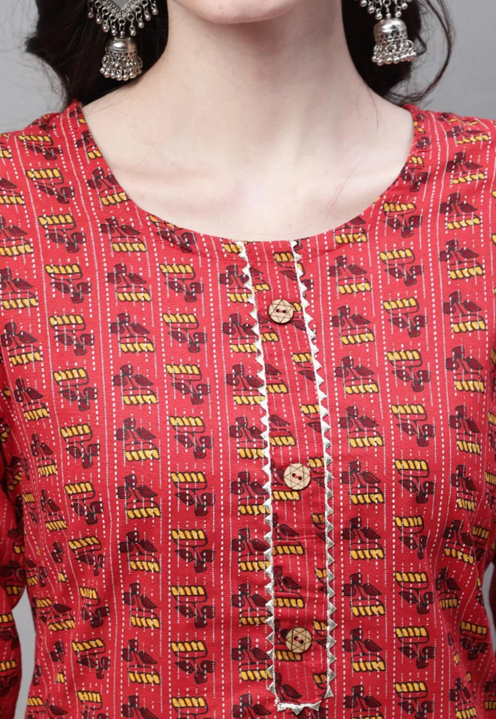 Printed Cotton Straight Kurti in Red