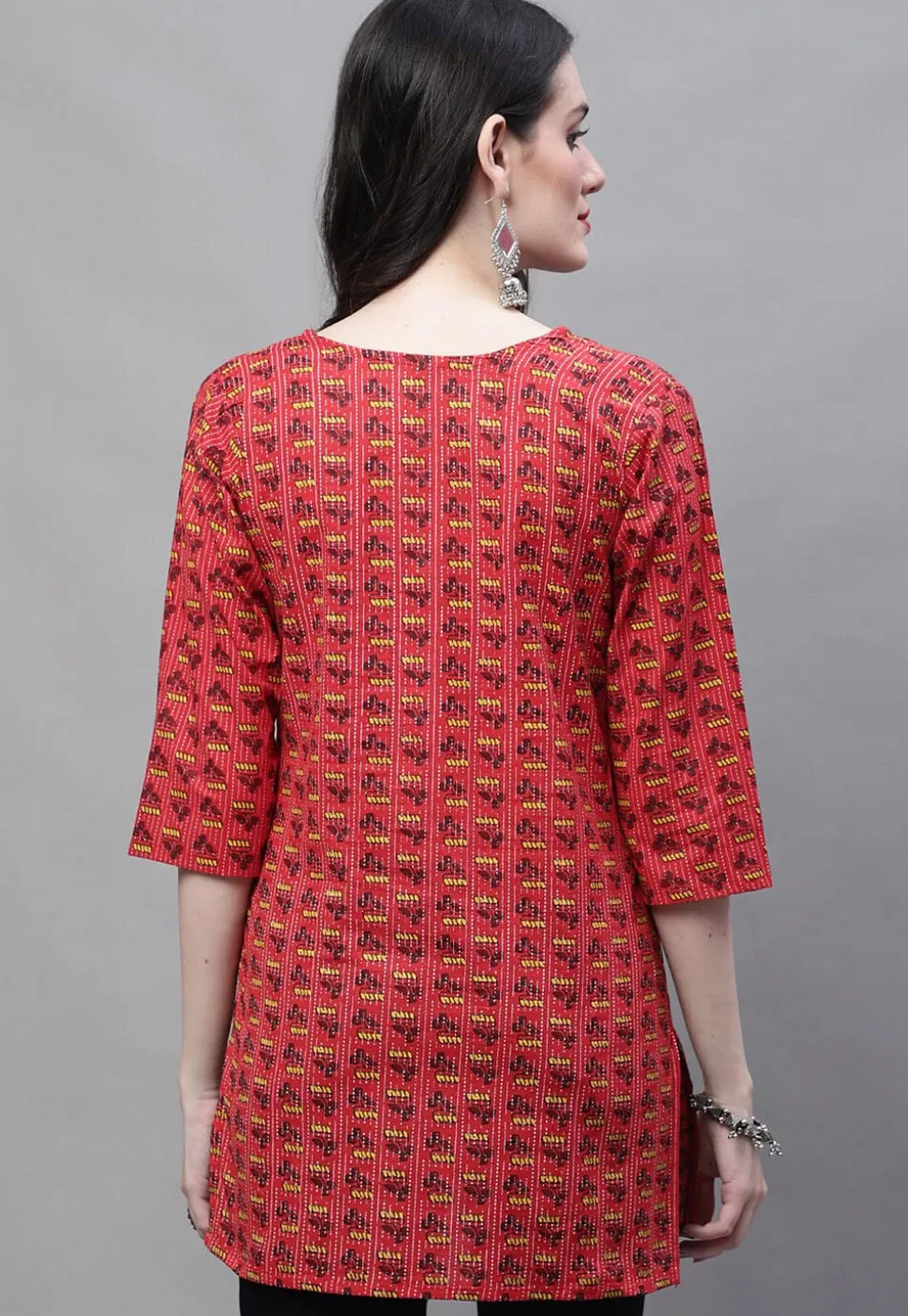 Printed Cotton Straight Kurti in Red