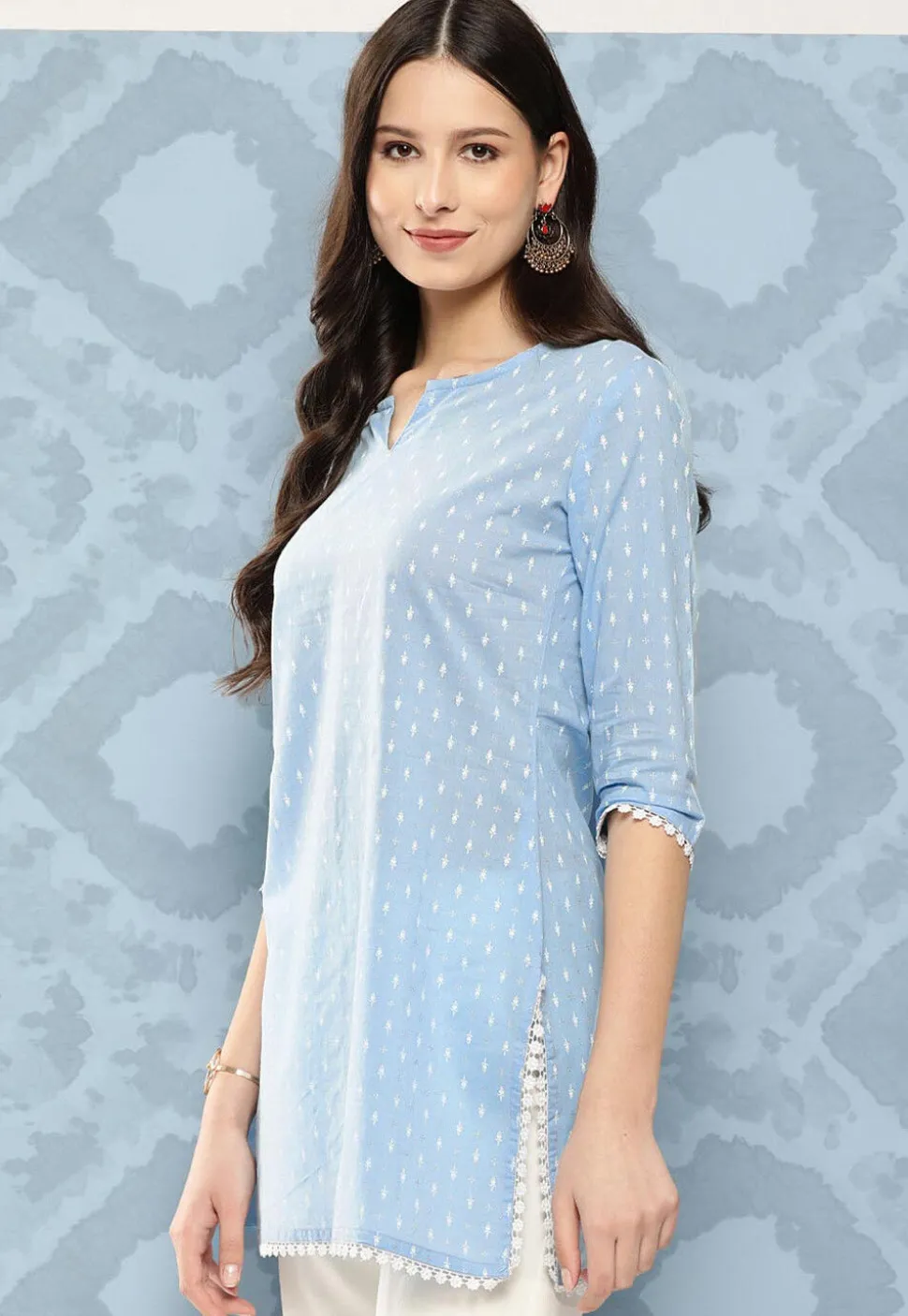 Printed Cotton Straight Kurti in Sky Blue