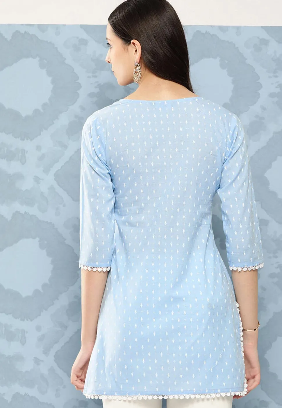 Printed Cotton Straight Kurti in Sky Blue