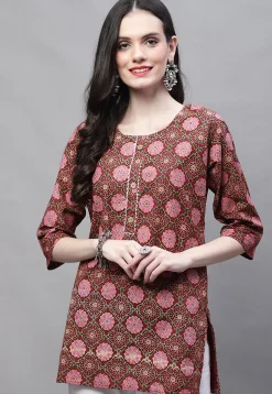 Printed Cotton Straight Kurti in Maroon