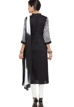 Printed Cotton Straight Suit in Black