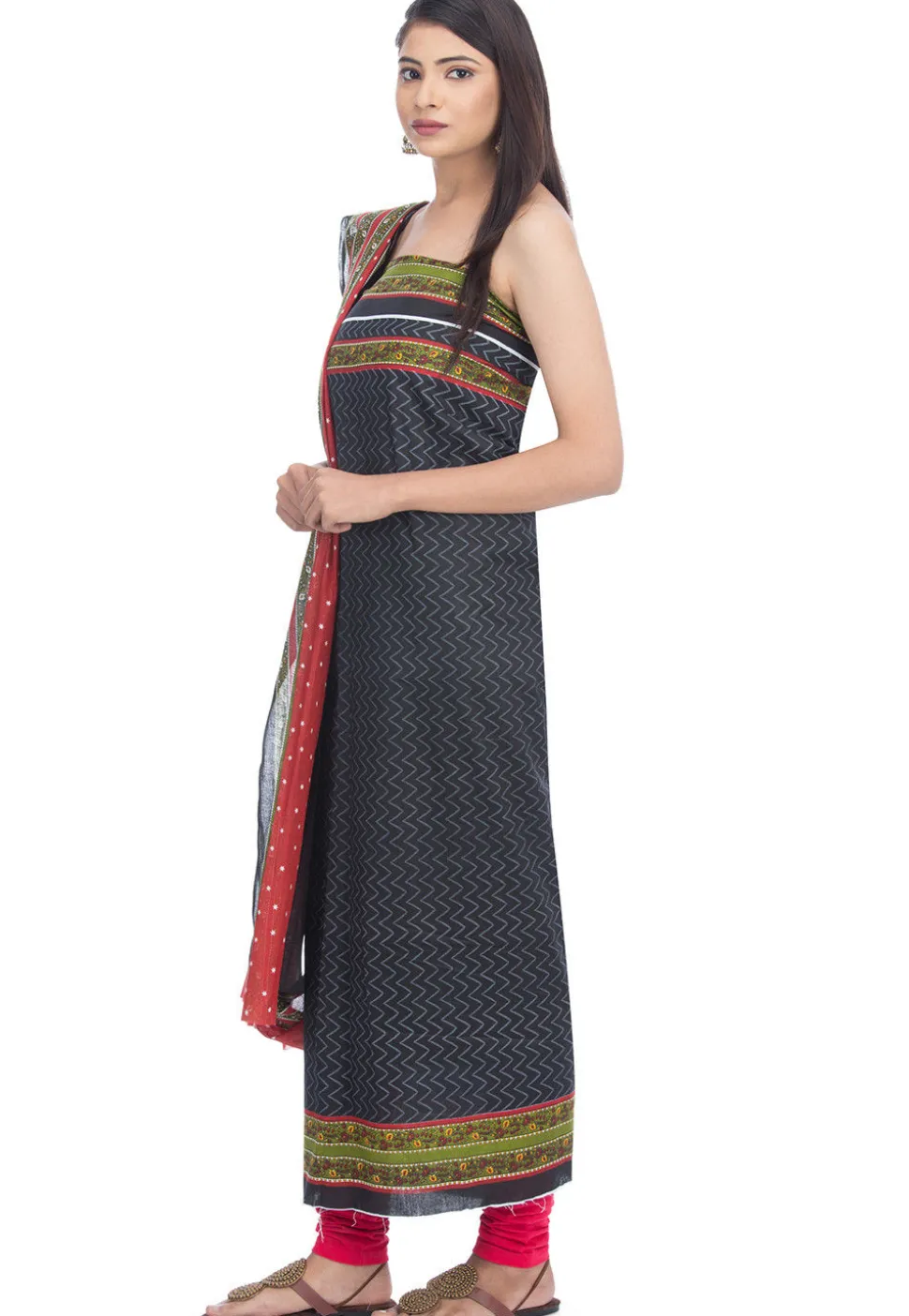 Printed Cotton Straight Suit in Black