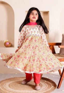 Printed Cotton Tiered Anarkali Suit in Off White