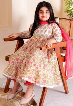 Printed Cotton Tiered Anarkali Suit in Off White