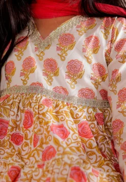 Printed Cotton Tiered Anarkali Suit in Off White
