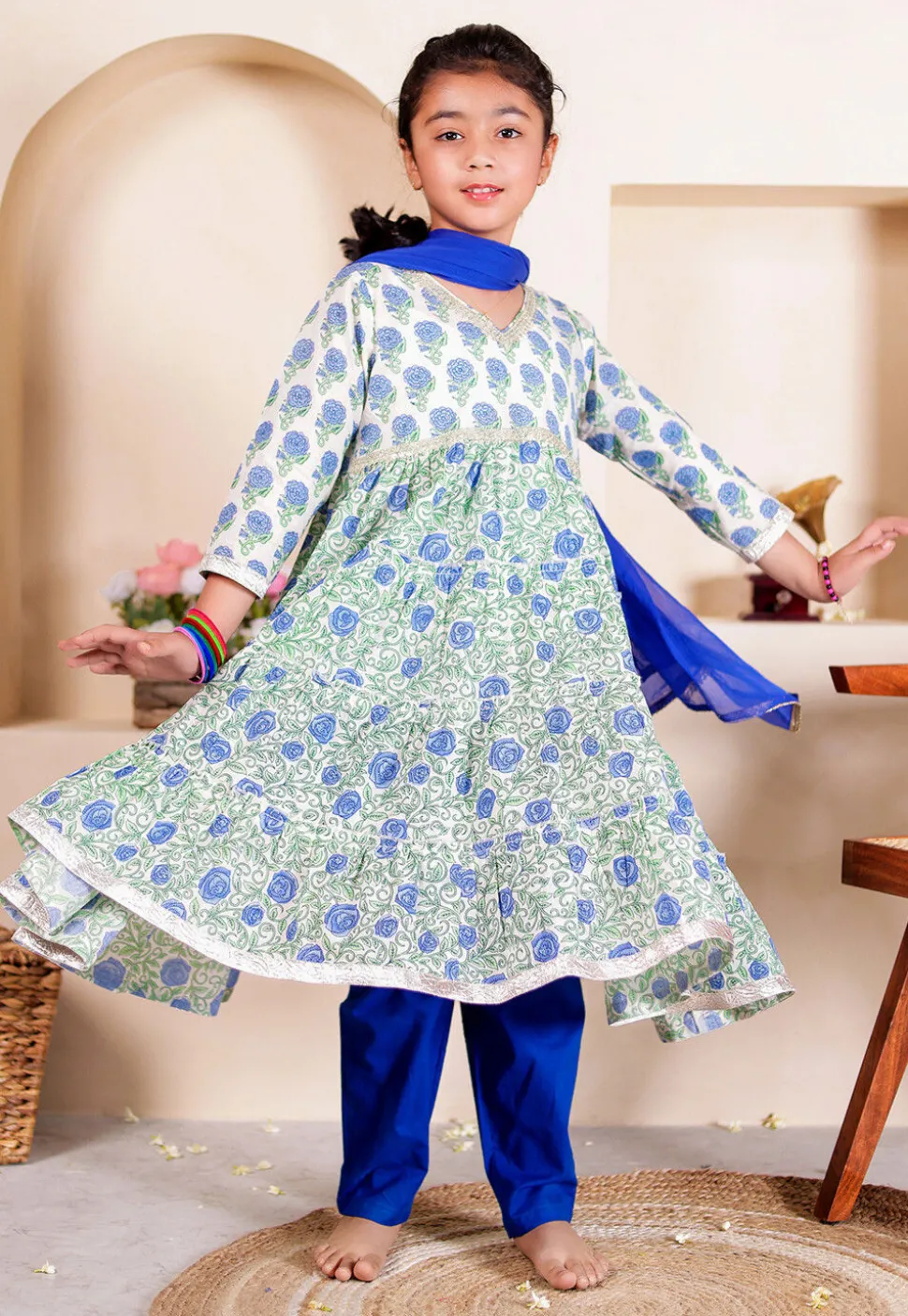 Printed Cotton Tiered Anarkali Suit in Off White
