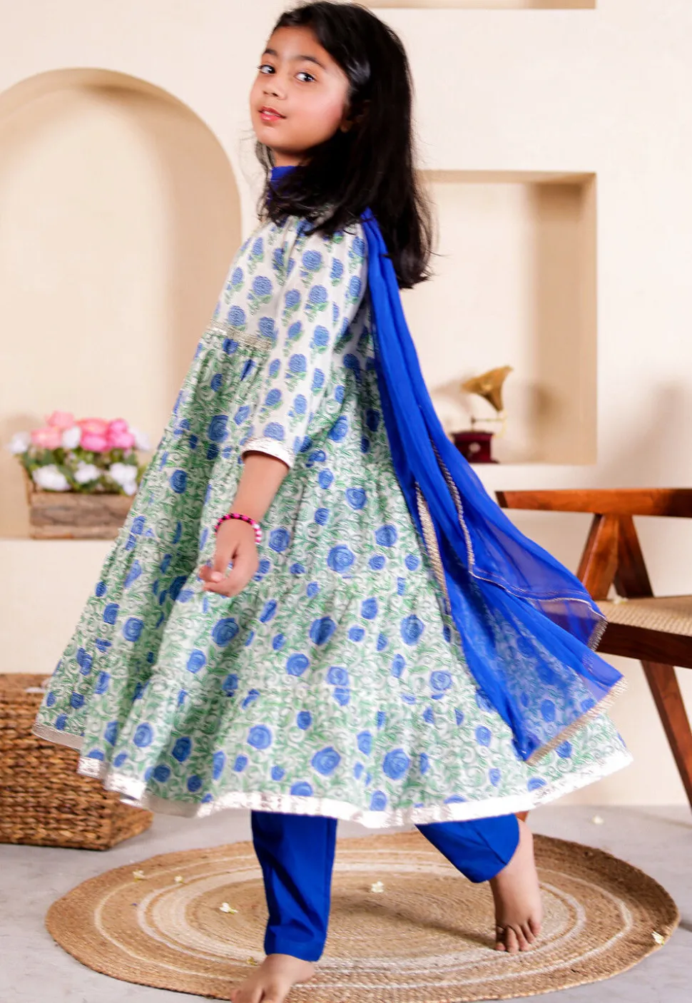 Printed Cotton Tiered Anarkali Suit in Off White