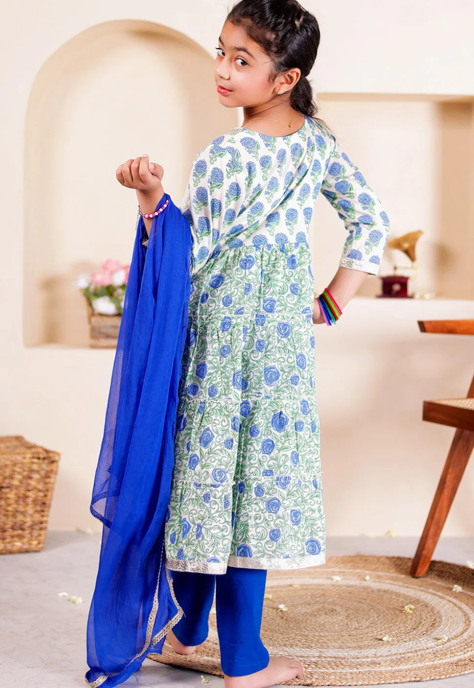 Printed Cotton Tiered Anarkali Suit in Off White