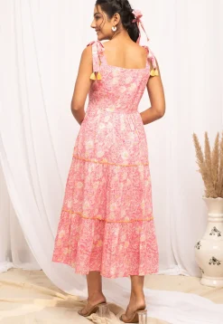 Printed Cotton Tiered Dess in Peach