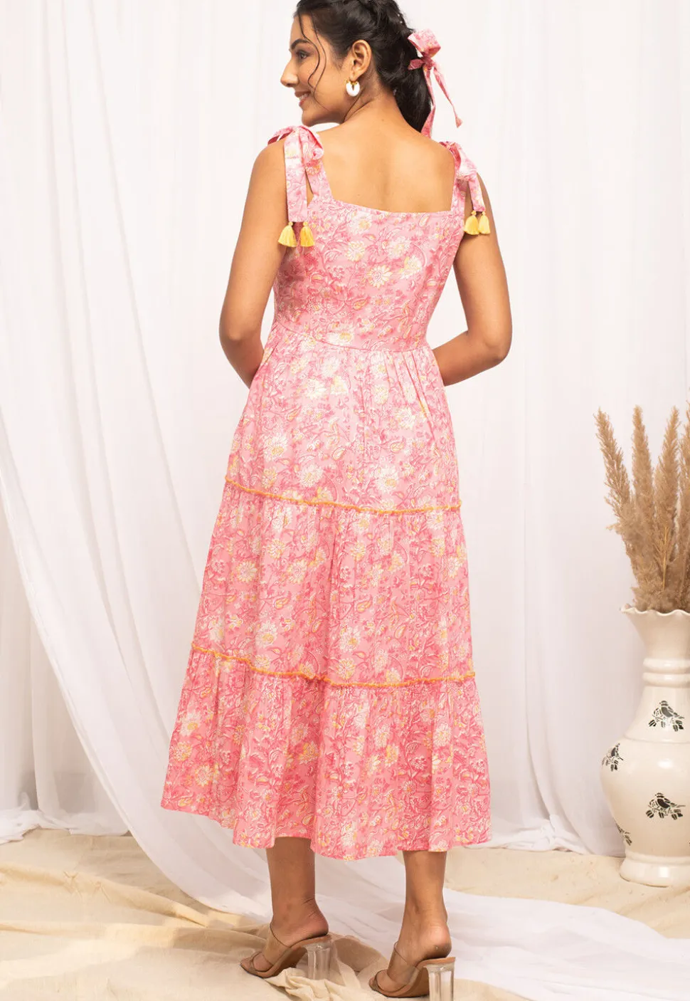 Printed Cotton Tiered Dess in Peach