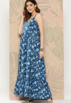 Printed Cotton Tiered Dress in Teal Blue