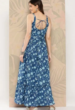 Printed Cotton Tiered Dress in Teal Blue