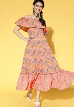 Printed Cotton Tiered Dress in Dark Peach