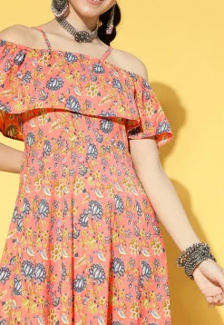 Printed Cotton Tiered Dress in Dark Peach