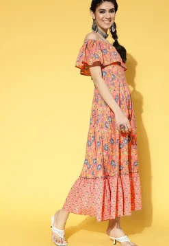 Printed Cotton Tiered Dress in Dark Peach