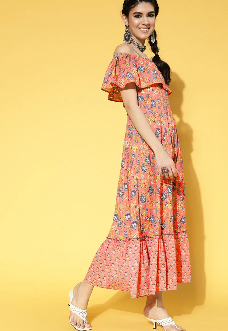 Printed Cotton Tiered Dress in Dark Peach