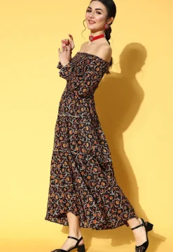 Printed Cotton Tiered Maxi Dress in Black