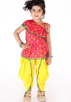 Printed Cotton Top N Dhoti Pant in Pink and Mustard