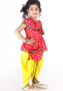Printed Cotton Top N Dhoti Pant in Pink and Mustard