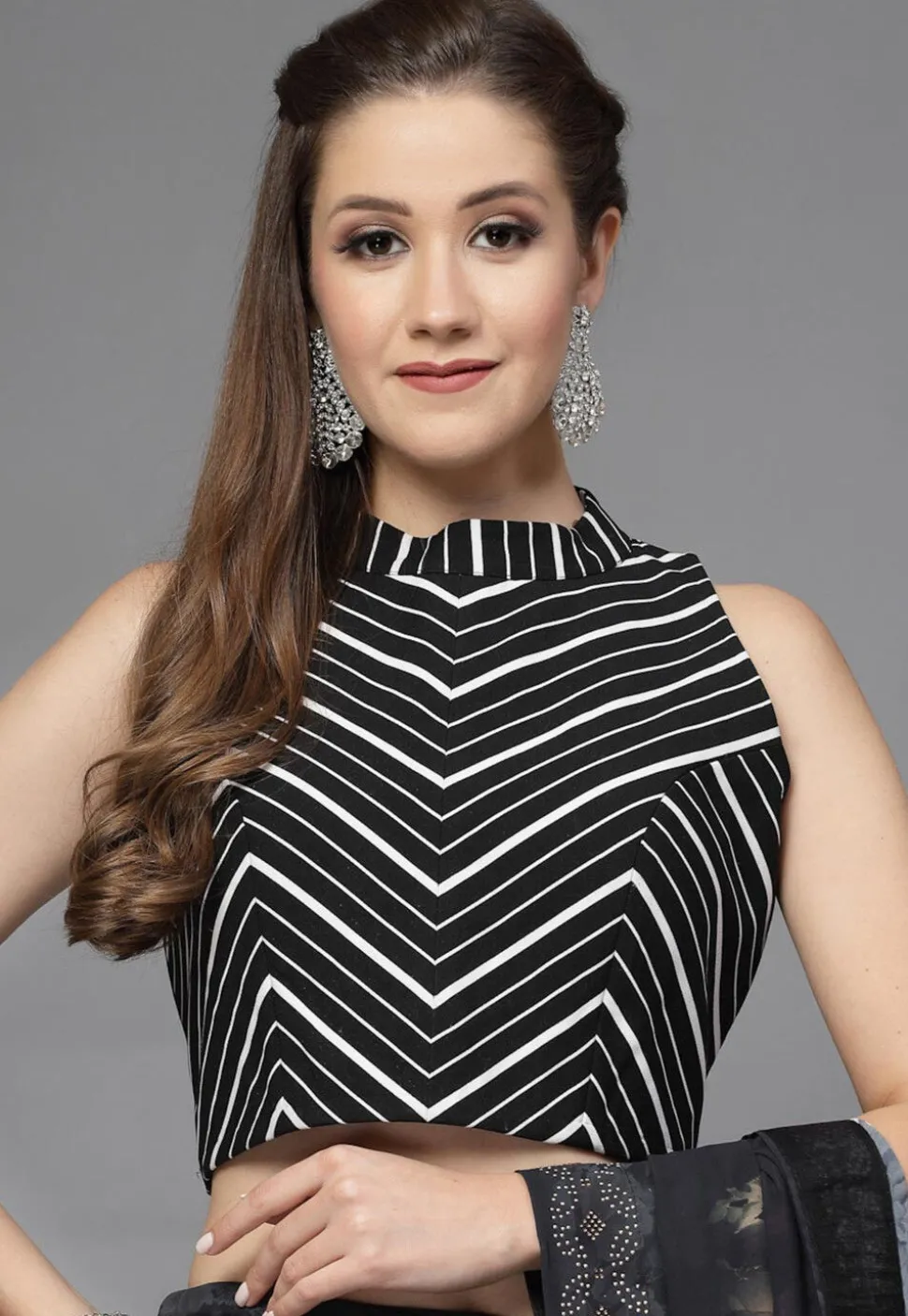 Printed Crepe Back Cut Out Blouse in Black