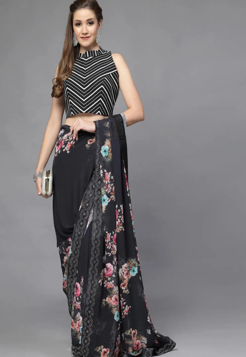 Printed Crepe Back Cut Out Blouse in Black