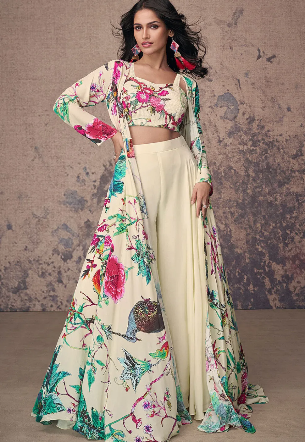 Printed Crepe Silk Crop Top Set in Light Green
