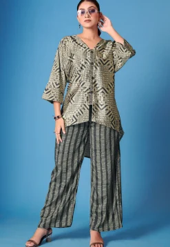 Printed Crepe Silk High Low Tunic Set in Beige
