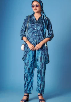 Printed Crepe Silk High Low Tunic Set in Blue