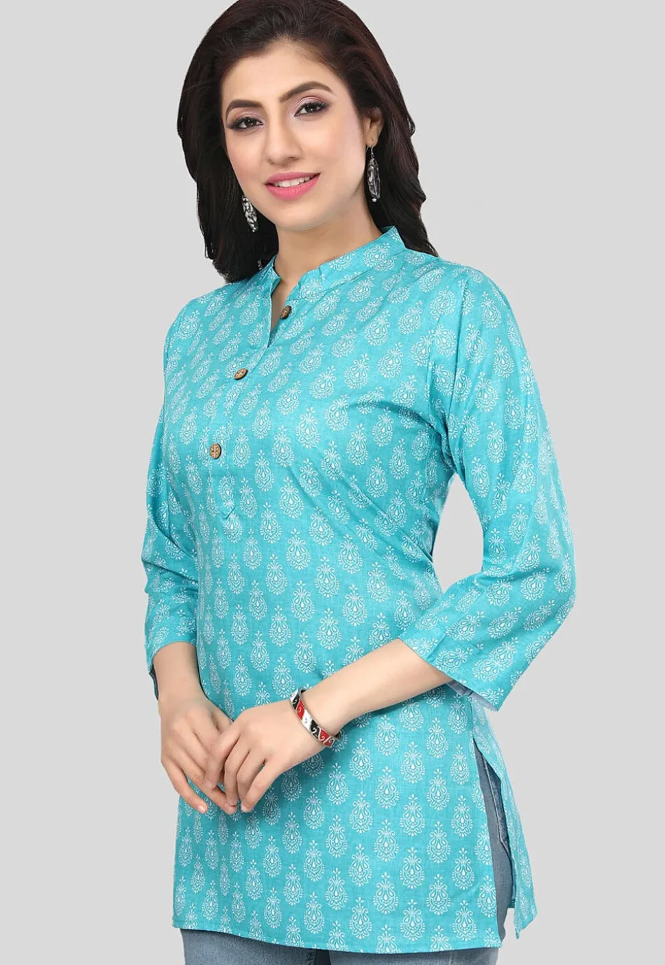 Printed Crepe Straight Kurti in Turquoise