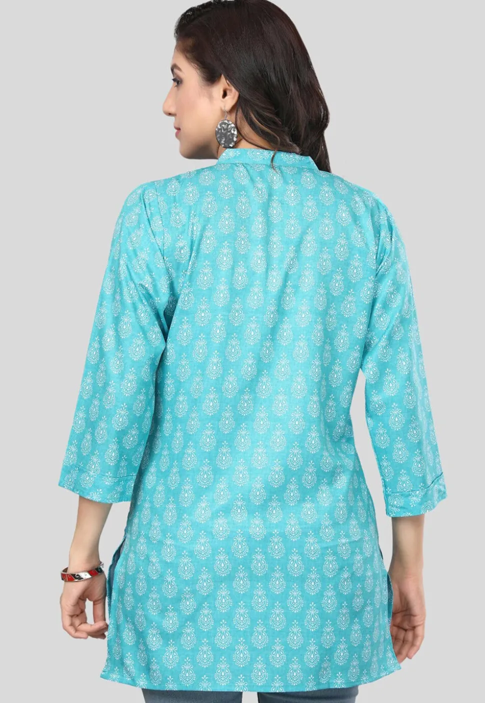 Printed Crepe Straight Kurti in Turquoise