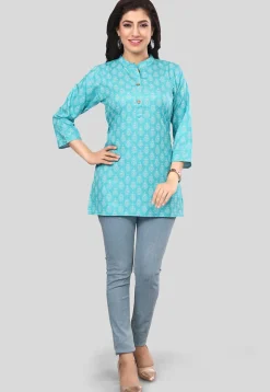 Printed Crepe Straight Kurti in Turquoise
