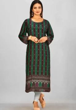 Printed Crepe Straight Kurta in Green and Brown