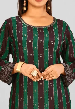 Printed Crepe Straight Kurta in Green and Brown