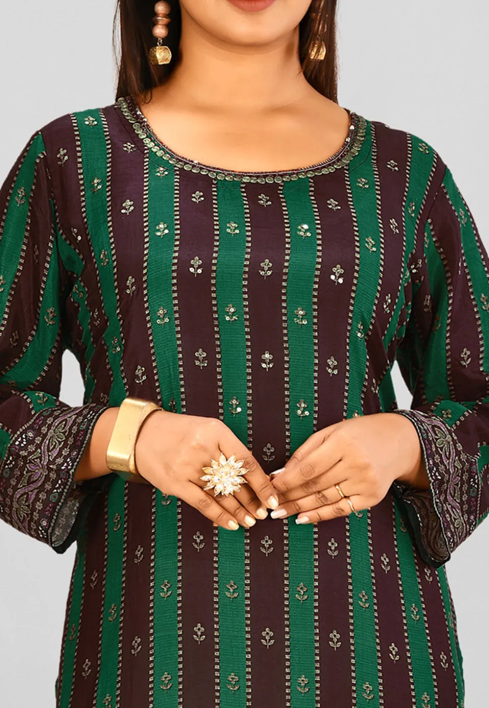 Printed Crepe Straight Kurta in Green and Brown