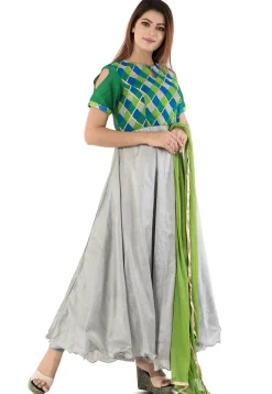 Printed Dupion Silk Abaya Style Suit in Grey and Multicolor