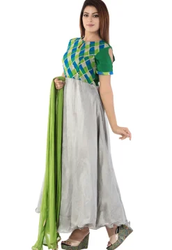 Printed Dupion Silk Abaya Style Suit in Grey and Multicolor